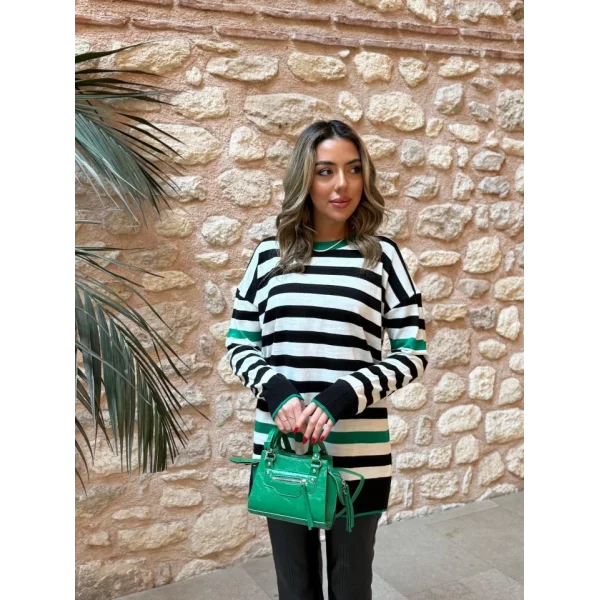 Kadın Uzun Kollu Yarasa Kol şerit Detay Triko Kazak