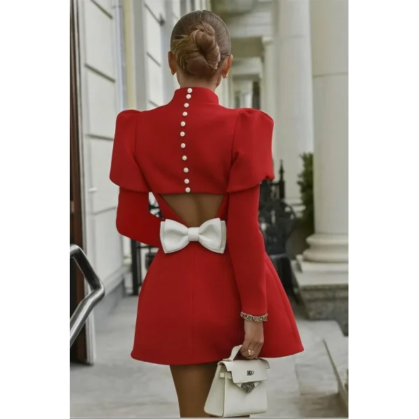 Kadın Uzun Kollu Yarı Balıkçı Yaka Arkadan Kurdela Detaylı Mini Atlas Elbise