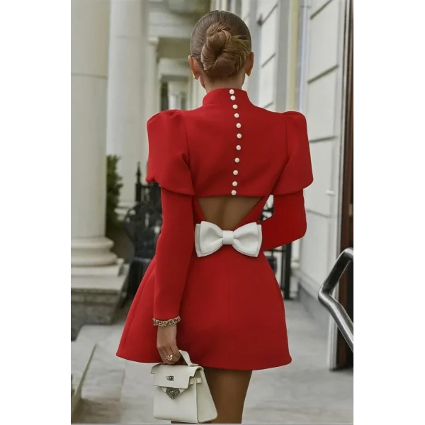 Kadın Uzun Kollu Yarı Balıkçı Yaka Arkadan Kurdela Detaylı Mini Atlas Elbise