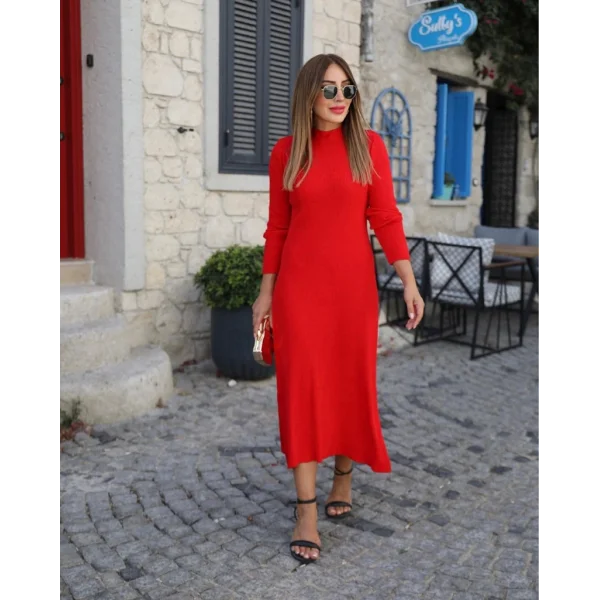 Kadın Uzun Kollu Yarı Balıkçı Yaka Arkadan Pencere Detaylı Bağcıklı Midi Triko Elbise