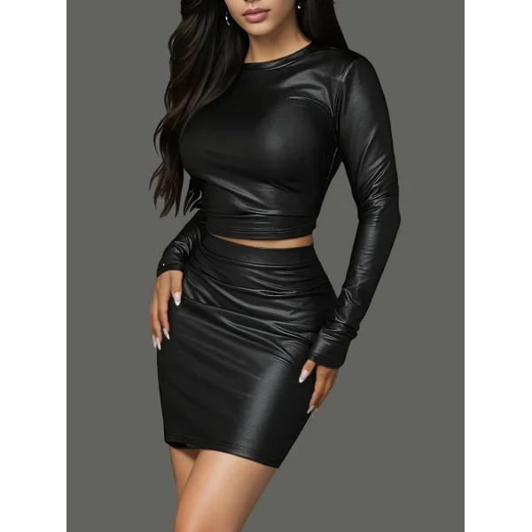 Kadın Uzun Kollu Yarı Balıkçı Yaka Deri Krop Bluz Ve Etek Takım