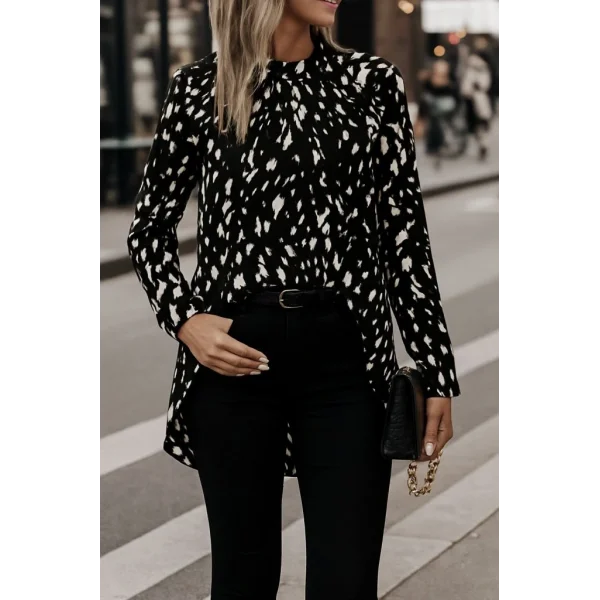 Kadın Uzun Kollu Yarı Balıkçı Yaka Desenli Dokuma Bluz