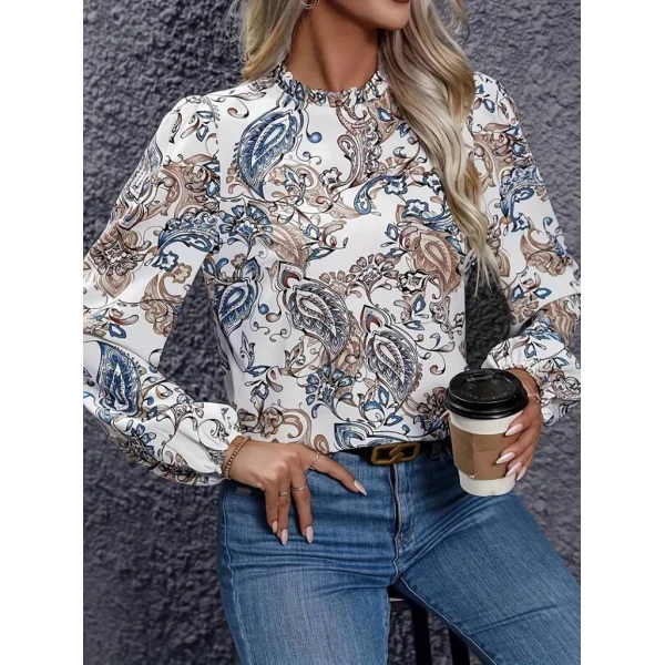 Kadın Uzun Kollu Yarı Balıkçı Yaka Desenli Süprem Bluz