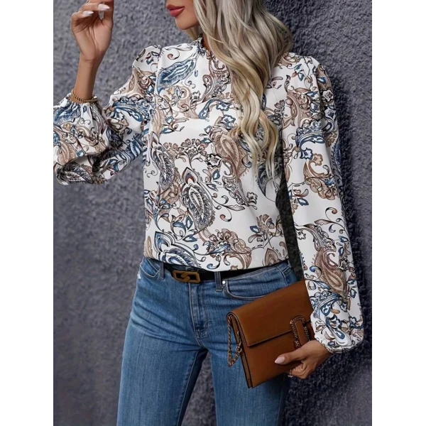 Kadın Uzun Kollu Yarı Balıkçı Yaka Desenli Süprem Bluz