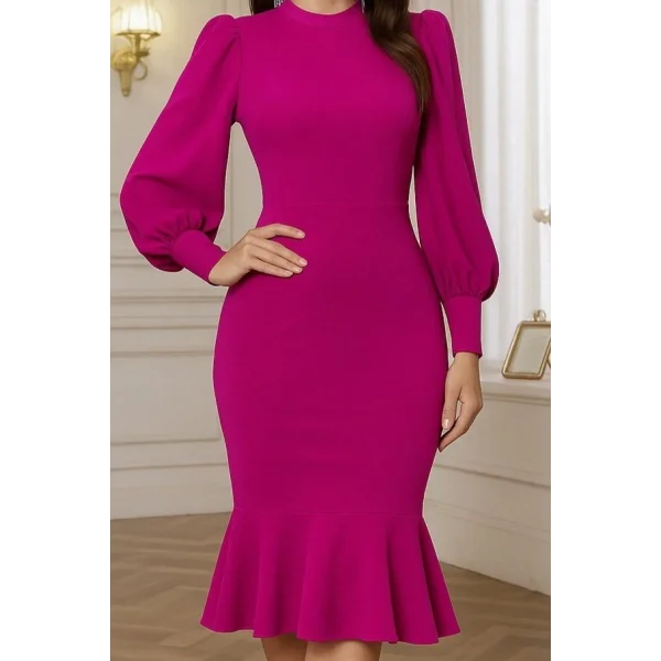 Kadın Uzun Kollu Yarı Balıkçı Yaka Etek Ucu Fırfır Detaylı Midi Ithal Krep Elbise