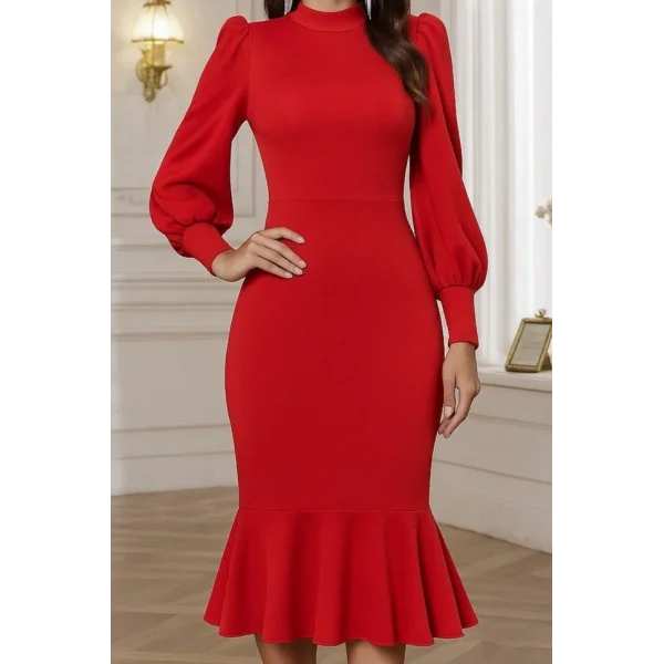 Kadın Uzun Kollu Yarı Balıkçı Yaka Etek Ucu Fırfır Detaylı Midi Ithal Krep Elbise
