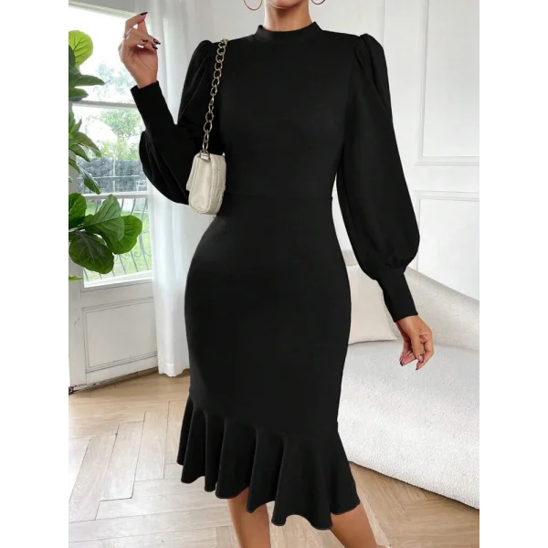 Kadın Uzun Kollu Yarı Balıkçı Yaka Etek Ucu Fırfır Detaylı Midi Ithal Krep Elbise