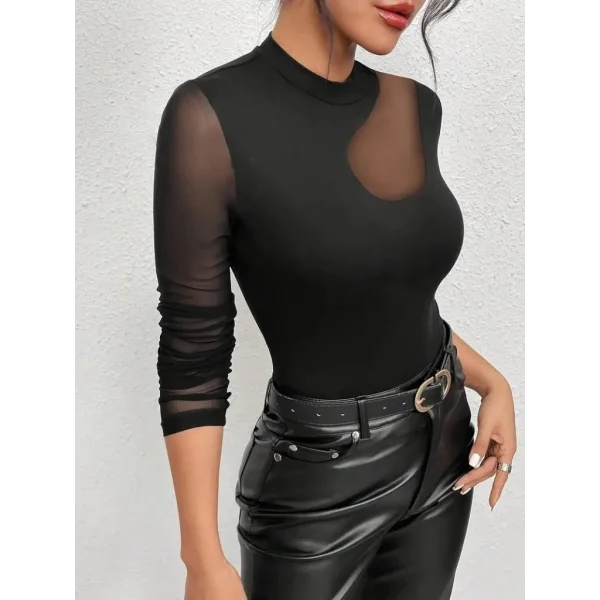 Kadın Uzun Kollu Yarı Balıkçı Yaka Kolları Tüllü Dalgıç Bluz