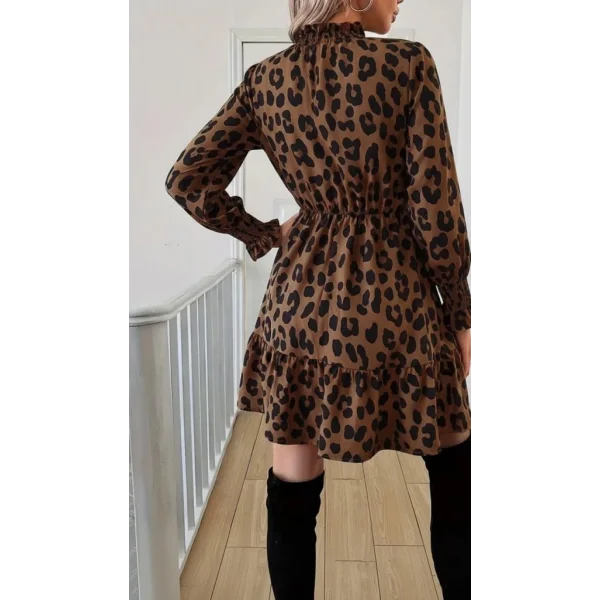 Kadın Uzun Kollu Yarı Balıkçı Yaka Leopar Desenli Modal Mini Elbise