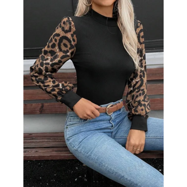 Kadın Uzun Kollu Yarı Balıkçı Yaka Leopar Detaylı Kaşkorse Bluz