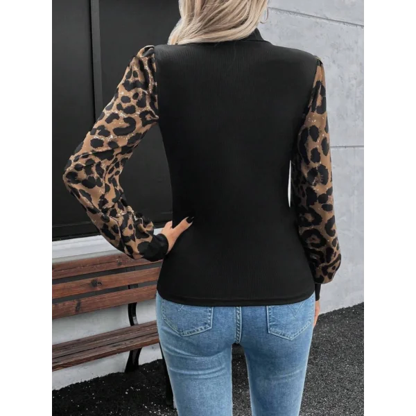 Kadın Uzun Kollu Yarı Balıkçı Yaka Leopar Detaylı Kaşkorse Bluz