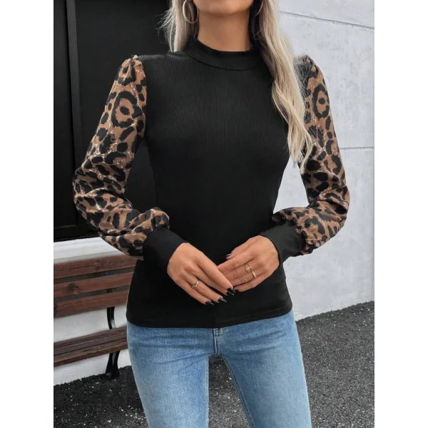 Kadın Uzun Kollu Yarı Balıkçı Yaka Leopar Detaylı Kaşkorse Bluz