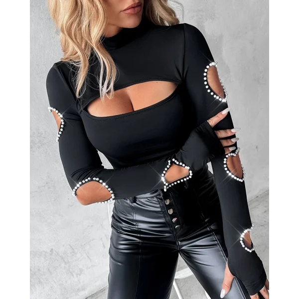 Kadın Uzun Kollu Yarı Balıkçı Yaka Pencere Detaylı Kolları Kalp Desen Taşlı Viskon Bluz