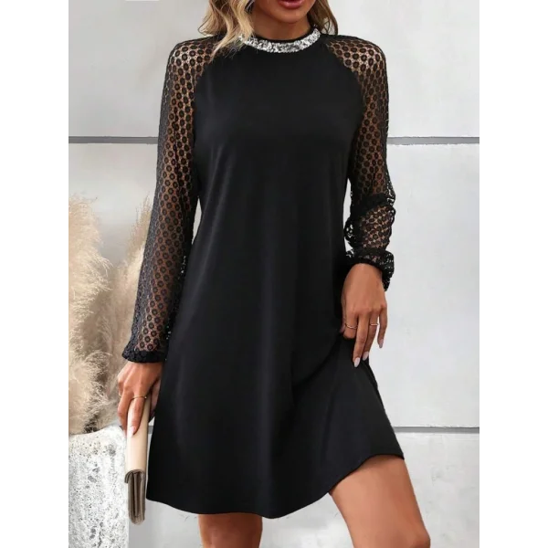 Kadın Uzun Kollu Yarı Balıkçı Yaka Pulpayetli Kolları Dantel Detaylı Mini Ithal Krep Elbise