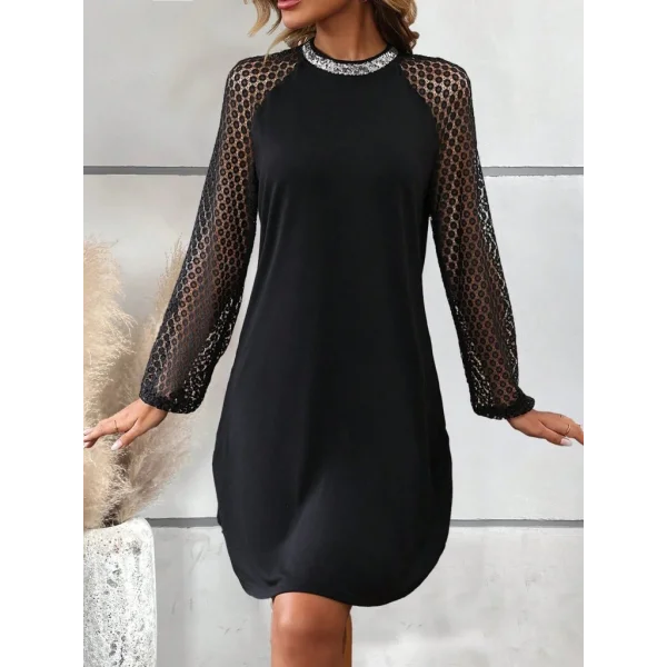 Kadın Uzun Kollu Yarı Balıkçı Yaka Pulpayetli Kolları Dantel Detaylı Mini Ithal Krep Elbise