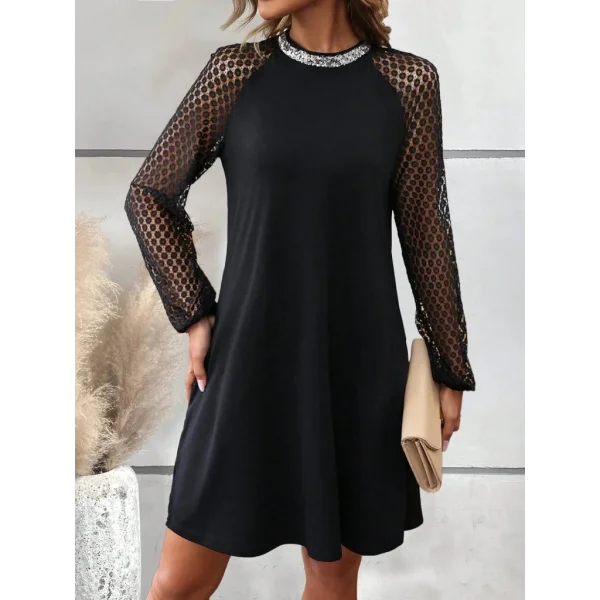 Kadın Uzun Kollu Yarı Balıkçı Yaka Pulpayetli Kolları Dantel Detaylı Mini Ithal Krep Elbise