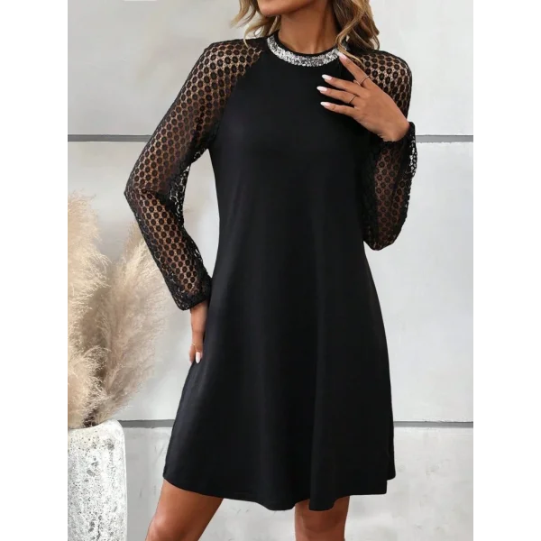 Kadın Uzun Kollu Yarı Balıkçı Yaka Pulpayetli Kolları Dantel Detaylı Mini Ithal Krep Elbise