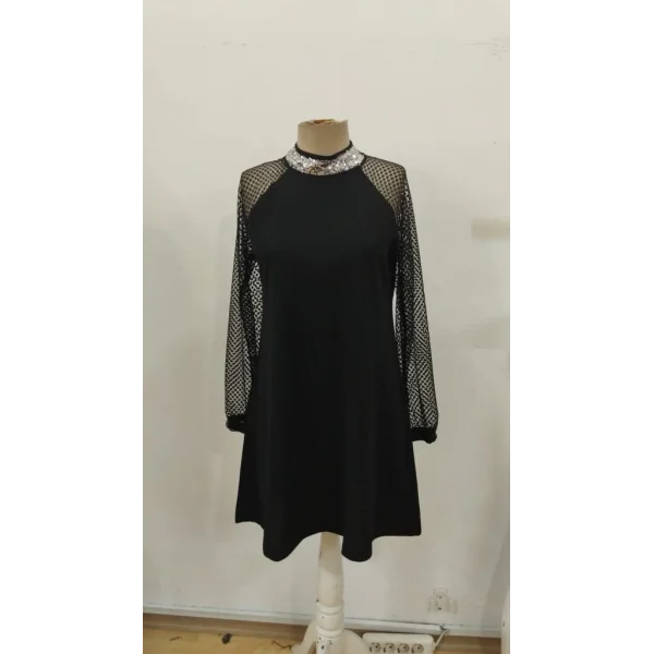 Kadın Uzun Kollu Yarı Balıkçı Yaka Pulpayetli Kolları Dantel Detaylı Mini Ithal Krep Elbise