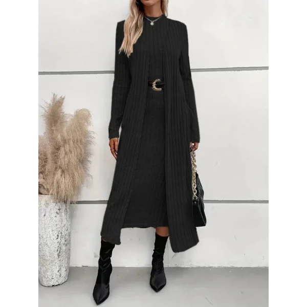 Kadın Uzun Kollu Yarı Balıkçı Yaka şardonlu Dalgıç Elbise Ve Uzun Hırka Ikili Takım