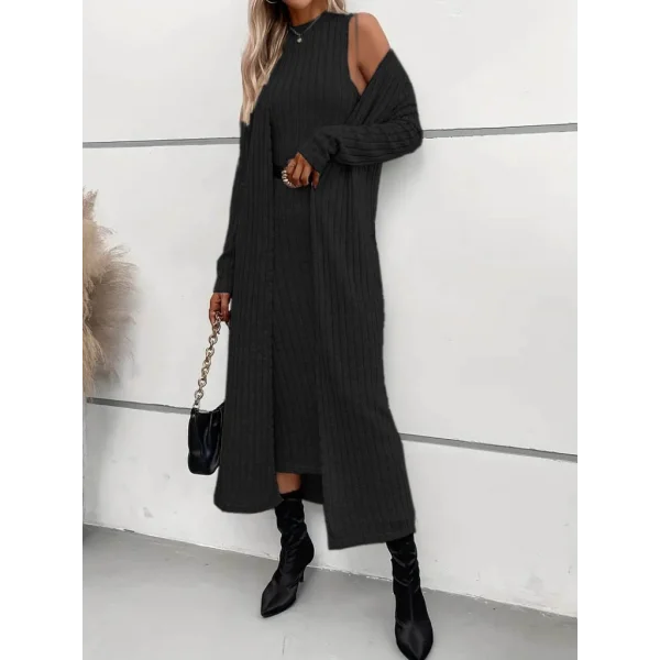 Kadın Uzun Kollu Yarı Balıkçı Yaka şardonlu Dalgıç Elbise Ve Uzun Hırka Ikili Takım