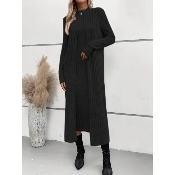 Kadın Uzun Kollu Yarı Balıkçı Yaka şardonlu Dalgıç Elbise Ve Uzun Hırka Ikili Takım