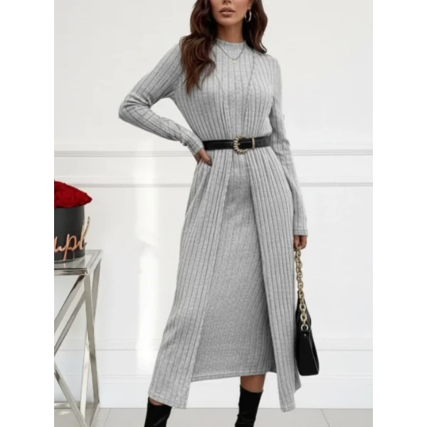 Kadın Uzun Kollu Yarı Balıkçı Yaka şardonlu Kaşkorse Elbise Ve Uzun Hırka Ikili Takım