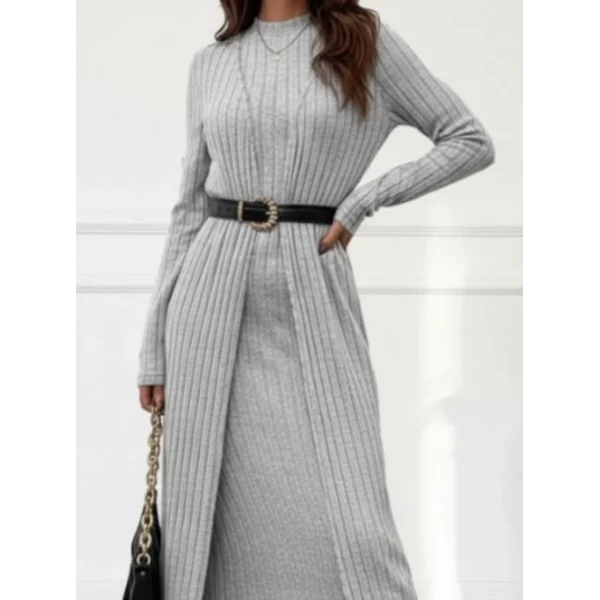 Kadın Uzun Kollu Yarı Balıkçı Yaka şardonlu Kaşkorse Elbise Ve Uzun Hırka Ikili Takım