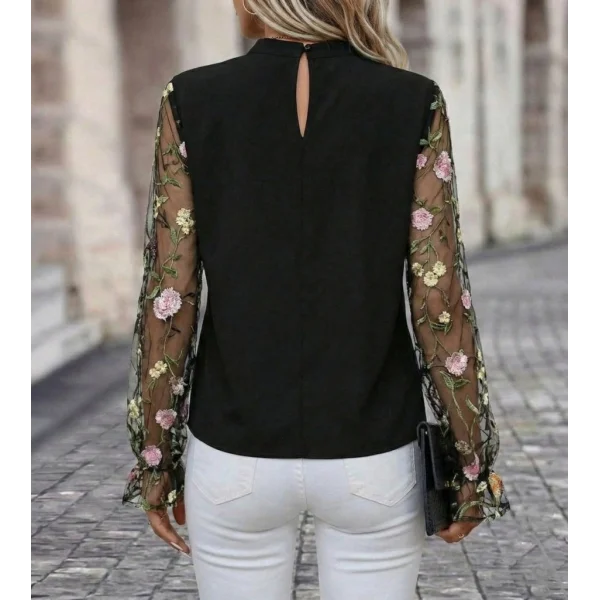 Kadın Uzun Kollu Yarı Balıkçı Yaka Tül Detaylı Ithal Krep Bluz