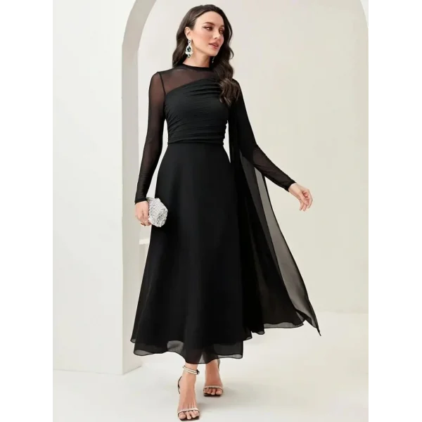 Kadın Uzun Kollu Yarı Balıkçı Yaka Tül Detaylı Uzun Sandy Elbise