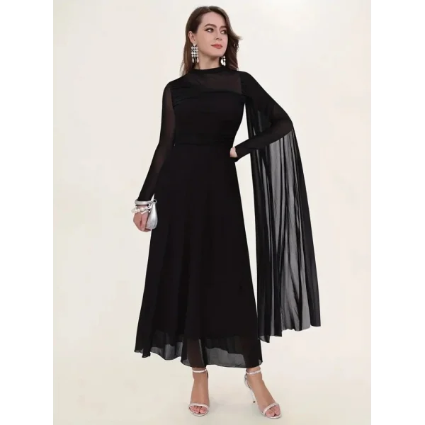 Kadın Uzun Kollu Yarı Balıkçı Yaka Tül Detaylı Uzun Sandy Elbise