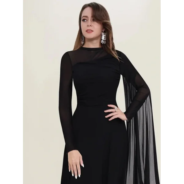 Kadın Uzun Kollu Yarı Balıkçı Yaka Tül Detaylı Uzun Sandy Elbise