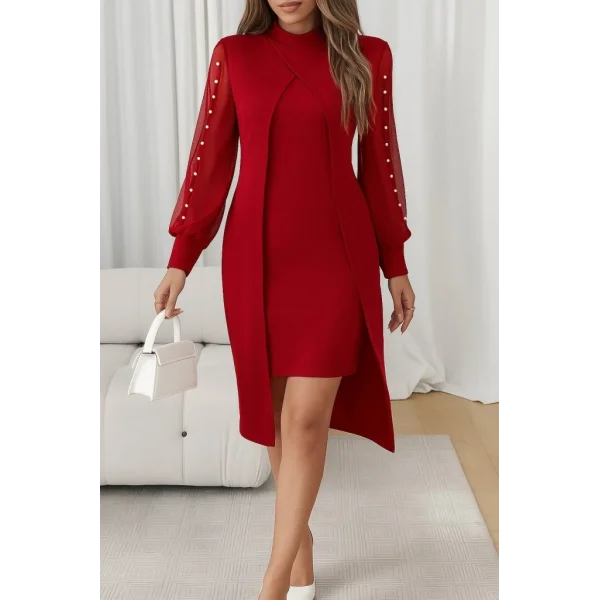 Kadın Uzun Kollu Yarı Balıkçı Yaka Tül Ve Inci Detaylı Kısa Ithal Krep Midi Elbise