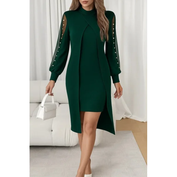 Kadın Uzun Kollu Yarı Balıkçı Yaka Tül Ve Inci Detaylı Kısa Ithal Krep Midi Elbise