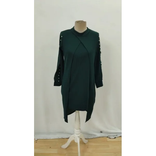 Kadın Uzun Kollu Yarı Balıkçı Yaka Tül Ve Inci Detaylı Kısa Ithal Krep Midi Elbise