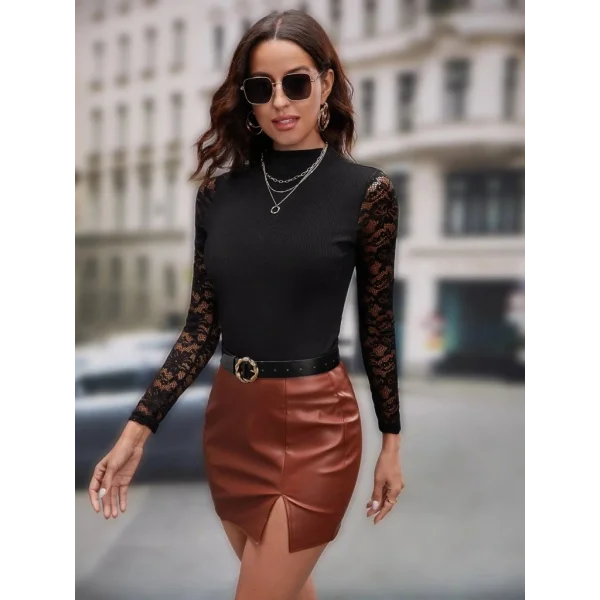 Kadın Uzun Kollu Yarı Balıkçı Yaka Tüllü Kaşkorse Bluz