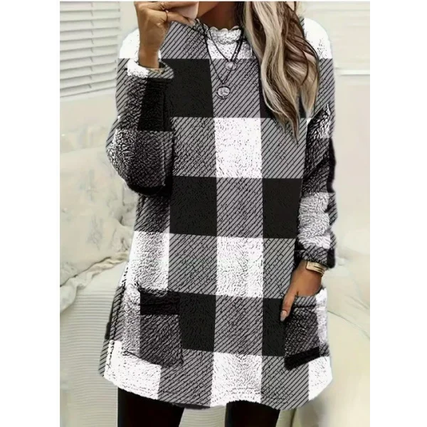 Kadın Uzun Kollu Yarı Balıkçı Yakalı Cep Detaylı Ekoseli Dokuma Tunik