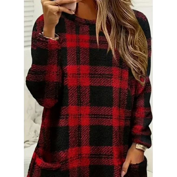 Kadın Uzun Kollu Yarı Balıkçı Yakalı Cep Detaylı Ekoseli Dokuma Tunik