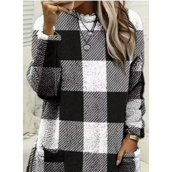 Kadın Uzun Kollu Yarı Balıkçı Yakalı Cep Detaylı Ekoseli Dokuma Tunik