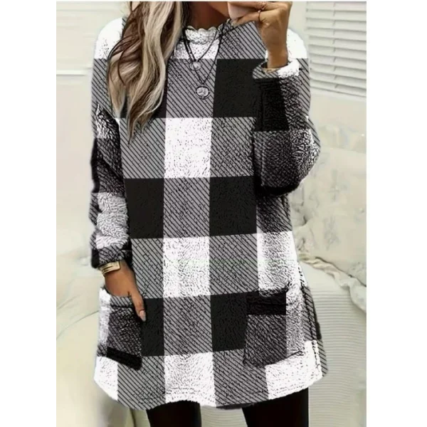 Kadın Uzun Kollu Yarı Balıkçı Yakalı Cep Detaylı Ekoseli Dokuma Tunik