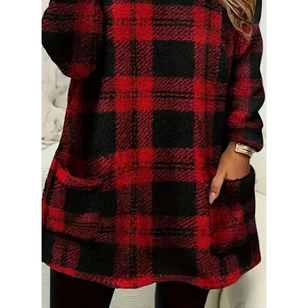 Kadın Uzun Kollu Yarı Balıkçı Yakalı Cep Detaylı Ekoseli Dokuma Tunik