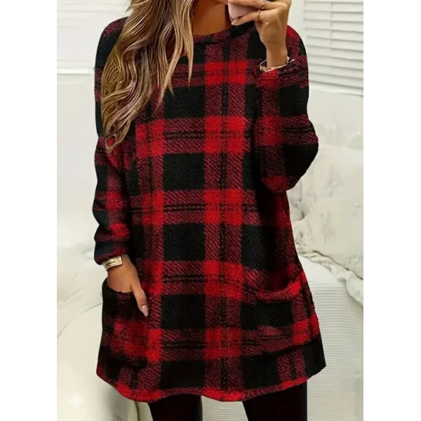 Kadın Uzun Kollu Yarı Balıkçı Yakalı Cep Detaylı Ekoseli Dokuma Tunik