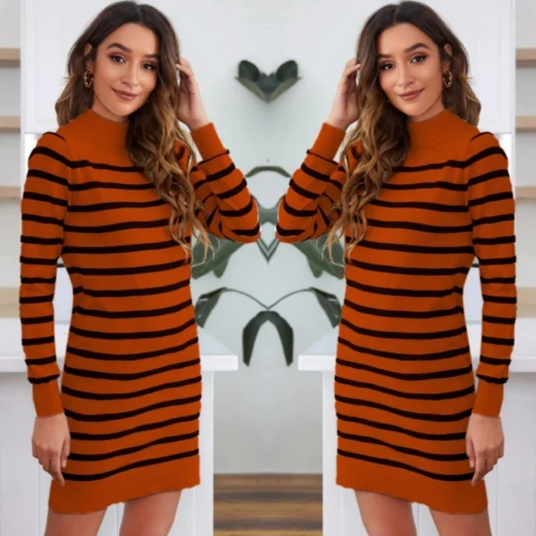 Kadın Uzun Kollu Yarım Balıkçı Yaka çizgilitriko Mini Boy Elbise (kemersiz)