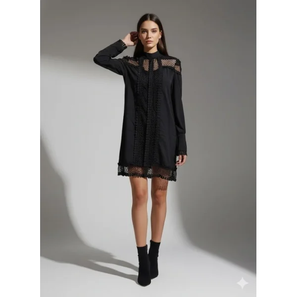 Kadın Uzun Kollu Yarım Balıkçı Yaka Transparan Detaylı Mini Elbise