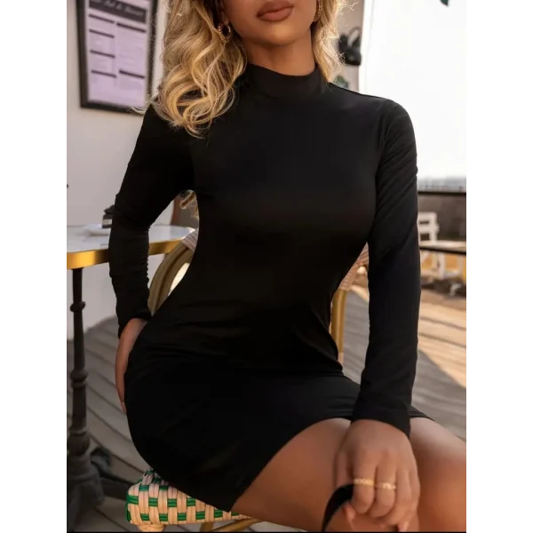 Kadın Uzun Kollu Yarım Balıkçı Yaka Viskon Elbise  5 İ