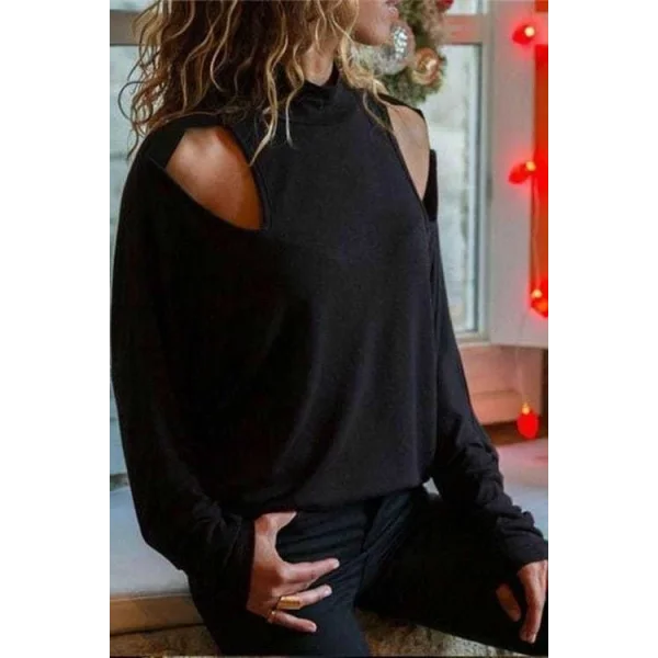 Kadın Uzun Kollu Yarım Boğazlı Yaka Omuz Pencere Detay Yün Viskon Bluz
