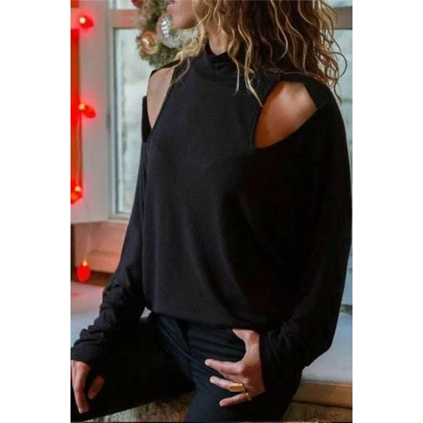 Kadın Uzun Kollu Yarım Boğazlı Yaka Omuz Pencere Detay Yün Viskon Bluz