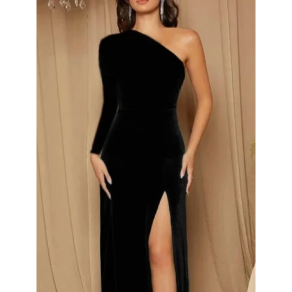 Kadın Uzun Kollu Yırtmaçlı önü Pile Detay Kadife Elbise