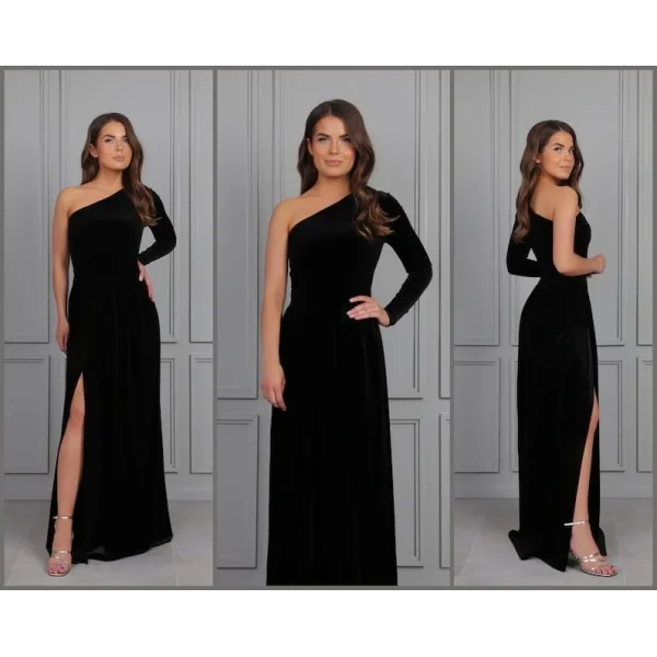 Kadın Uzun Kollu Yırtmaçlı önü Pile Detay Tek Kol Maxi Boy Kadife Elbise