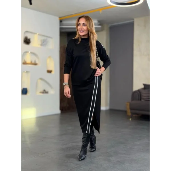 Kadın Uzun Kollu Yüksek Yakalı Yan şerit Detaylı Viskon Iki Iplik Bluz Ve Etek Ikili Takım