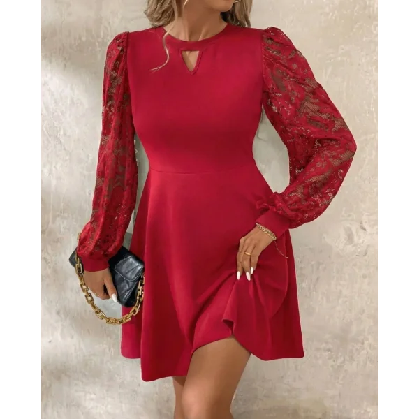 Kadın Uzun Kollu Yuvarlak Damla Detaylı Kolları Tül Detaylı Kısa Ithal Krep Elbise